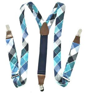 Gillmons Blue Plaid Brown Faux Leather Elastic Adjustable 1.25" Wide Suspenders